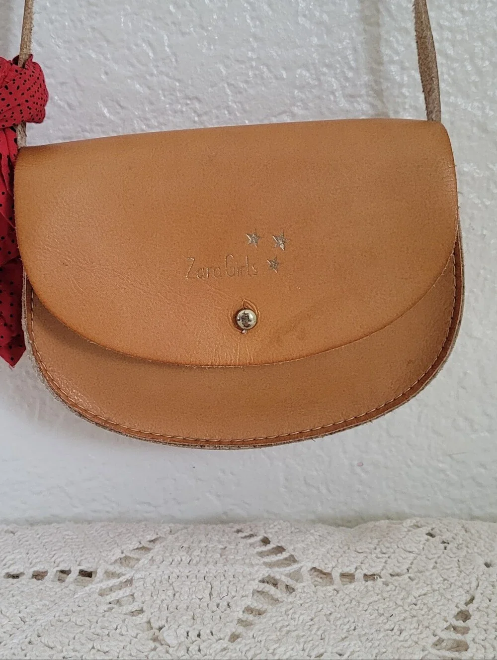 Zara Girls Tan Leather Crossbody Bag Featuring A Distintive Bandana Scarf